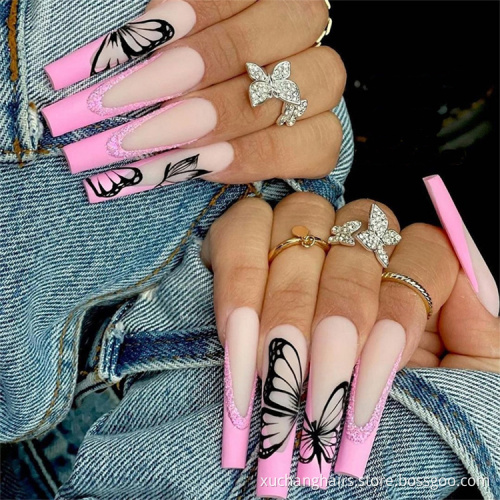 New Style Long Coffin Press On Luxury Fake Nails Custom Pink & Black Matte Ballerina Nail Tips Artificial False Nails